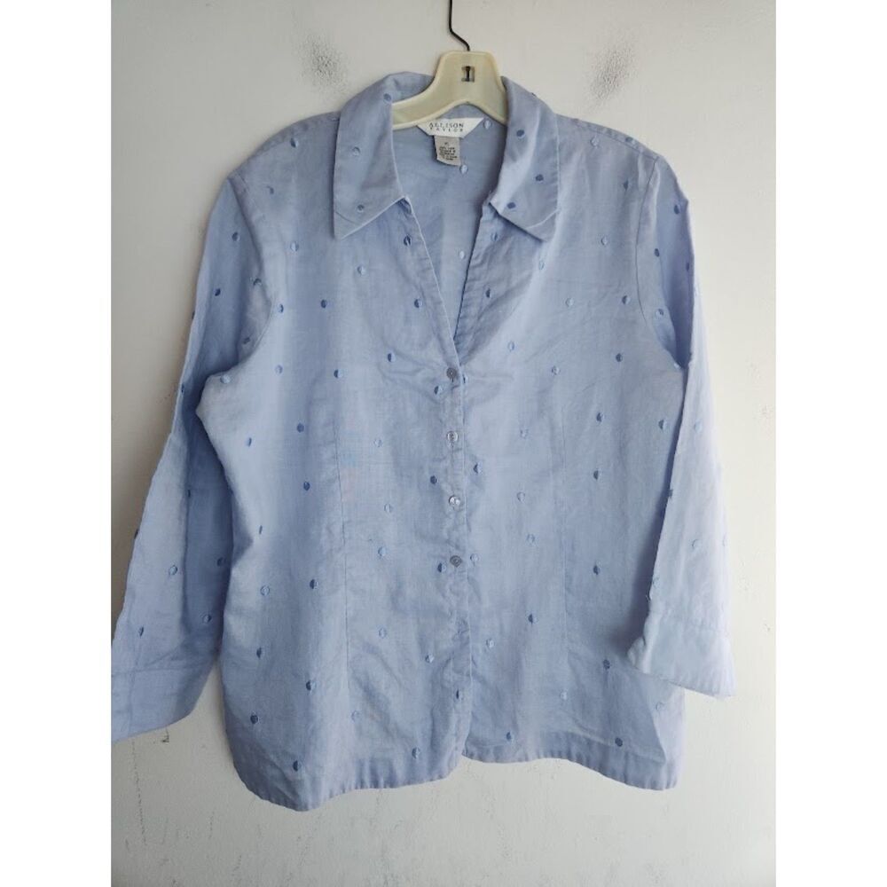 Allison Taylor Women Blue w/Swiss Dot 100% Linen Darted Button Down Blouse sz XL